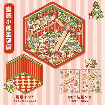 Cartoon Stress-Relief Scene Sticker - Honey Jar Bear (Christmas Edition)